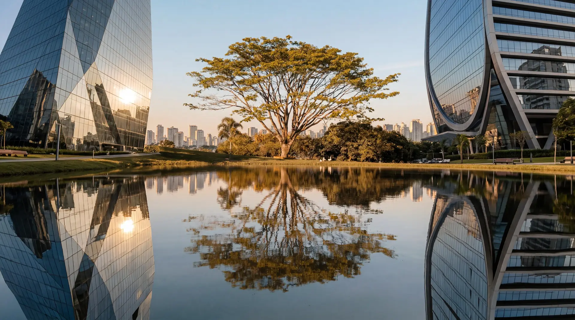Prédios modernos e árvore refletidos em lago